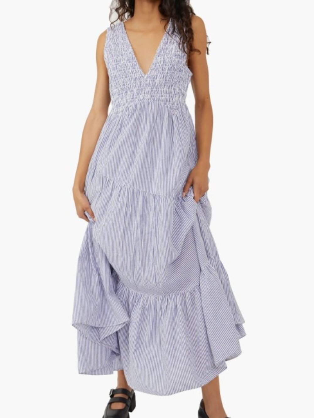 Free People Juno Sleeveless Smocked Tiered Maxi Dress Blue White Stripe Coastal
